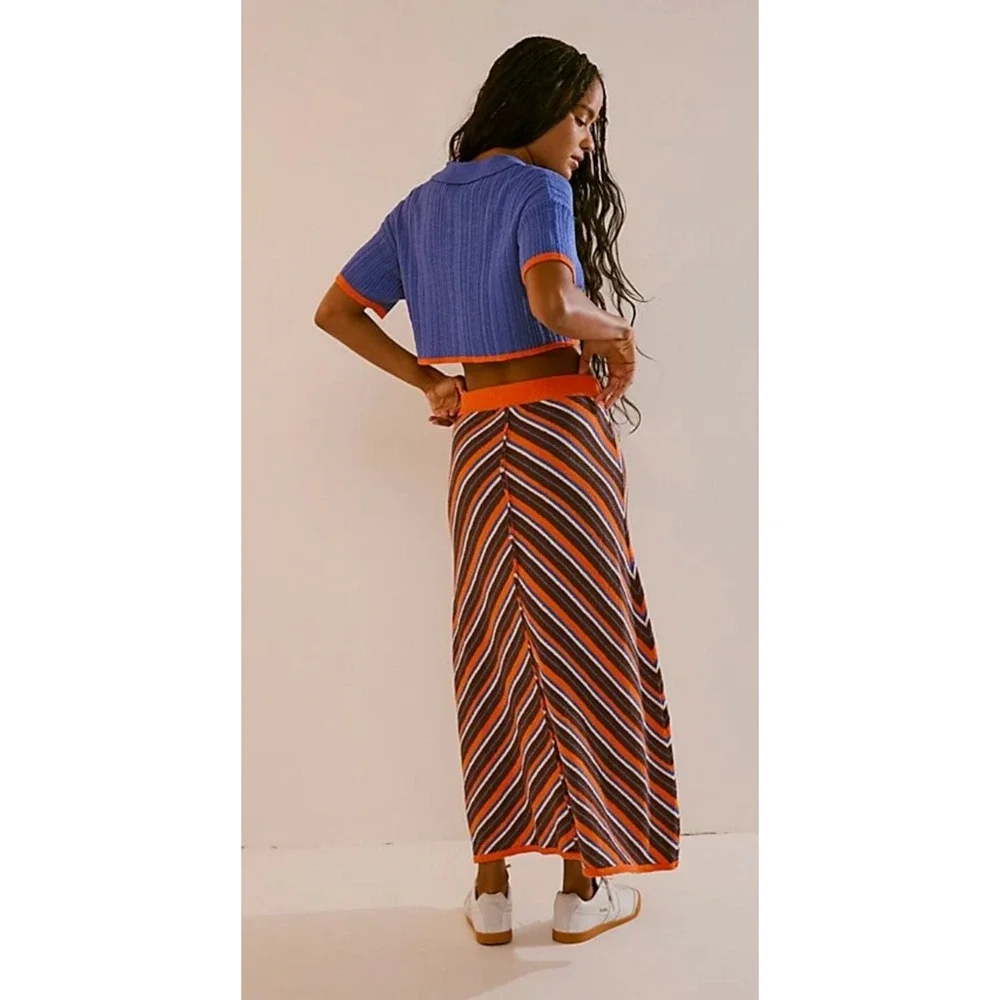NEW FREE PEOPLE BLUE ORANGE COMBO MONTEGO KNIT SWEATER TOP MIDI SKIRT SET SZ L